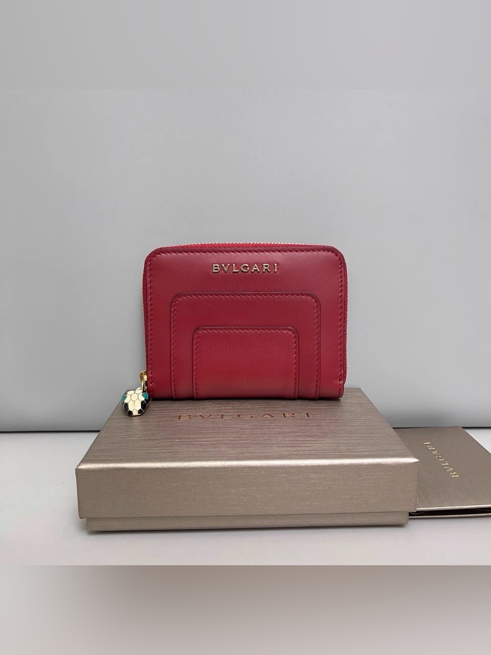 Bulgari Scarlet Leather Zip-Around Wallet with Serpenti Charm